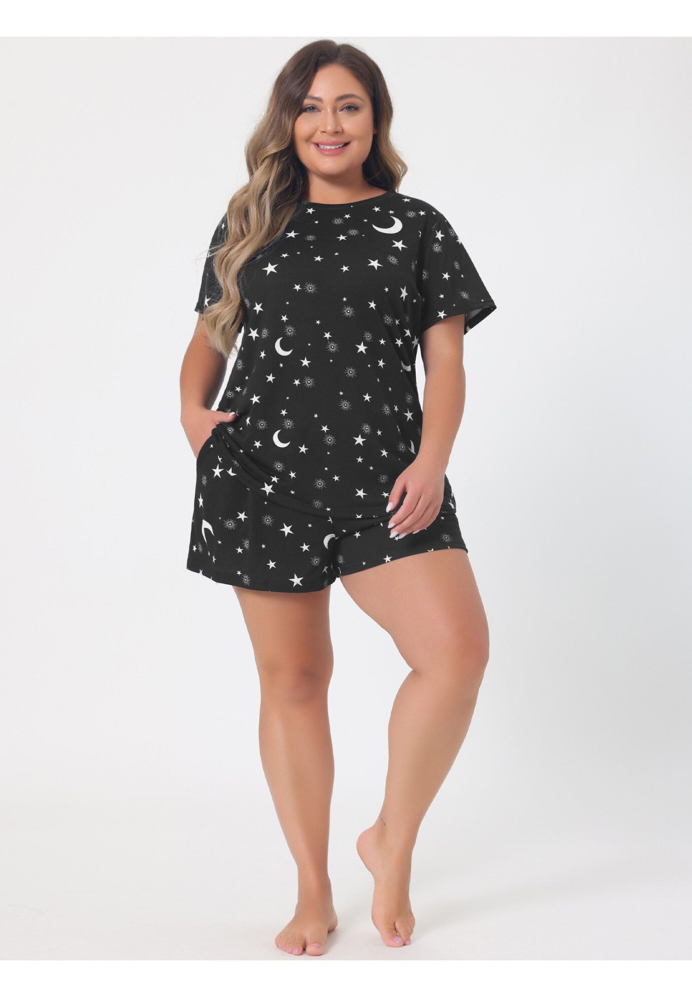 POLKA DOTS SLEEPWEAR PAJAMAS SET SHORT SLEEVE SHIRT AND SHORTS, Black / Black, hi-res image number 0