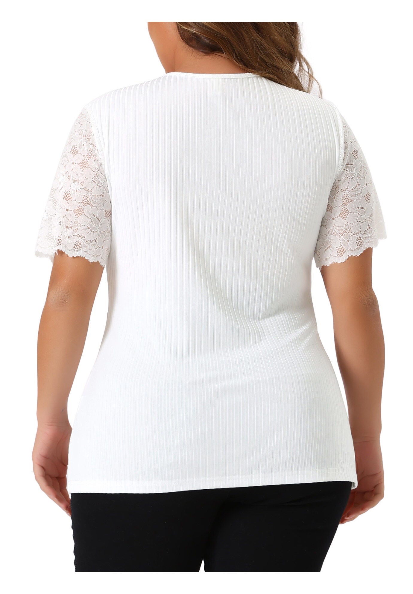 V Neck Short Sleeve Lace Ribbed Knit Tunic Top, White / White, alternate image number 3