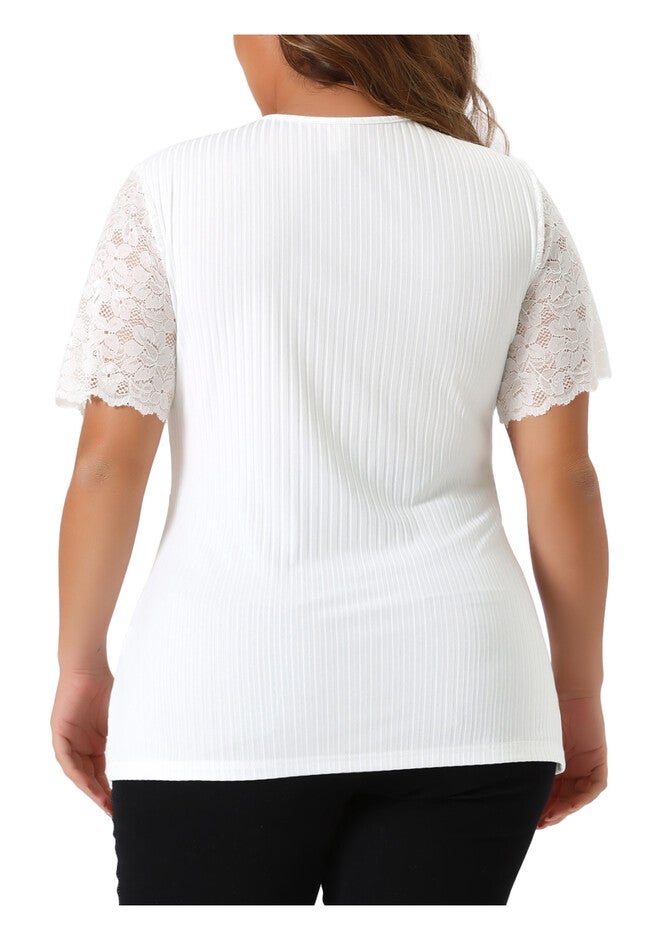 V Neck Short Sleeve Lace Ribbed Knit Tunic Top, White / White, alternate image number 3