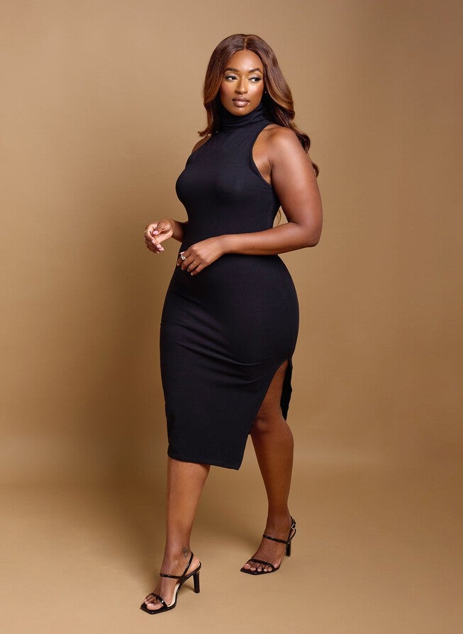 ELENA TURTLENECK BODYCON MIDI DRESS, Black / Black, hi-res image number 0