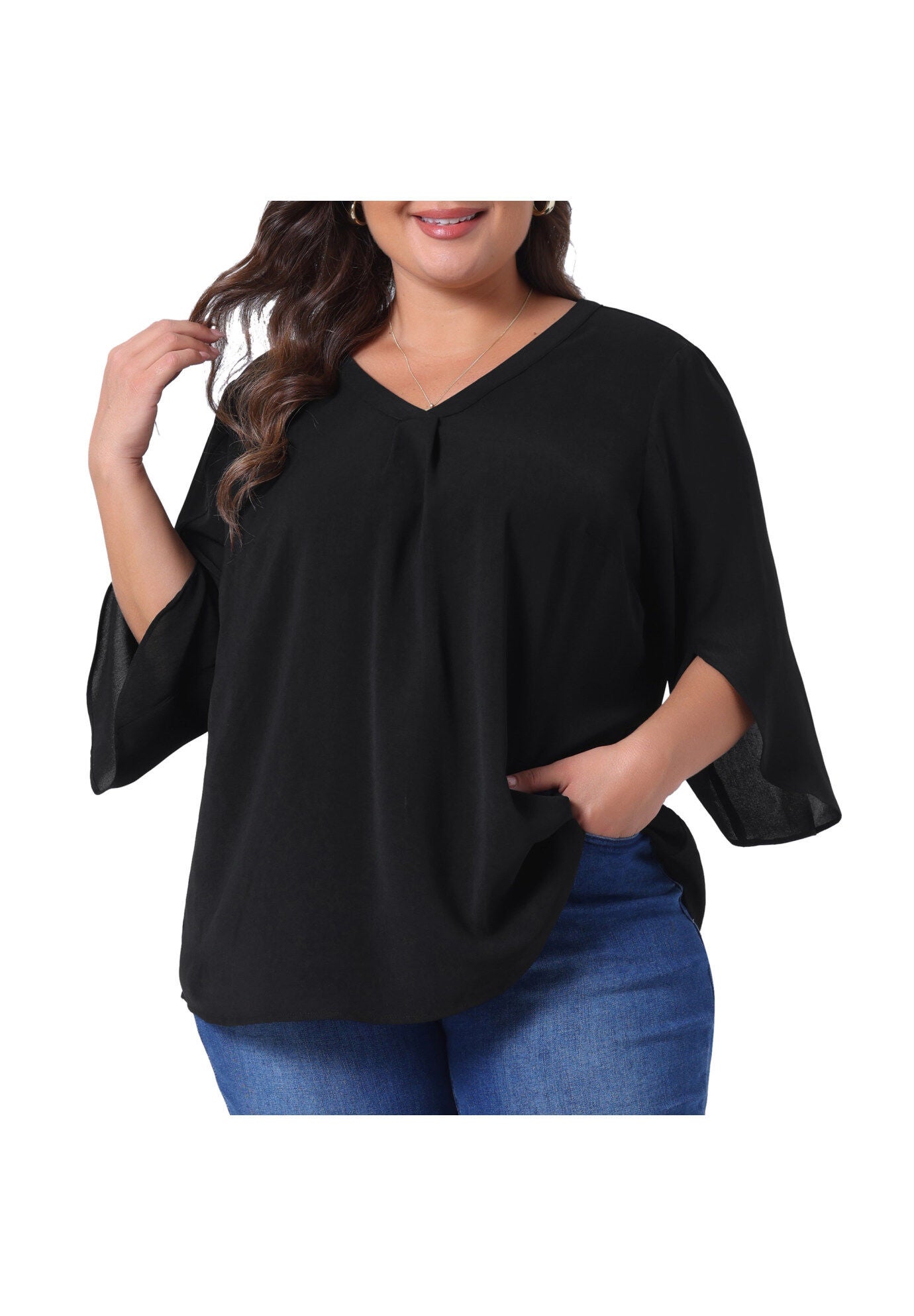 3/4 Sleeve V Neck Chiffon Shirt Tunic Top, All Black / Black, alternate image number 1