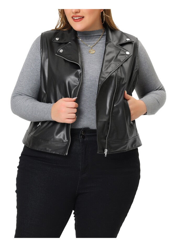 NOTCH LAPEL ZIPPER CLUB MOTORCYCLE FAUX LEATHER VEST, Black / Black, alternate image number 2