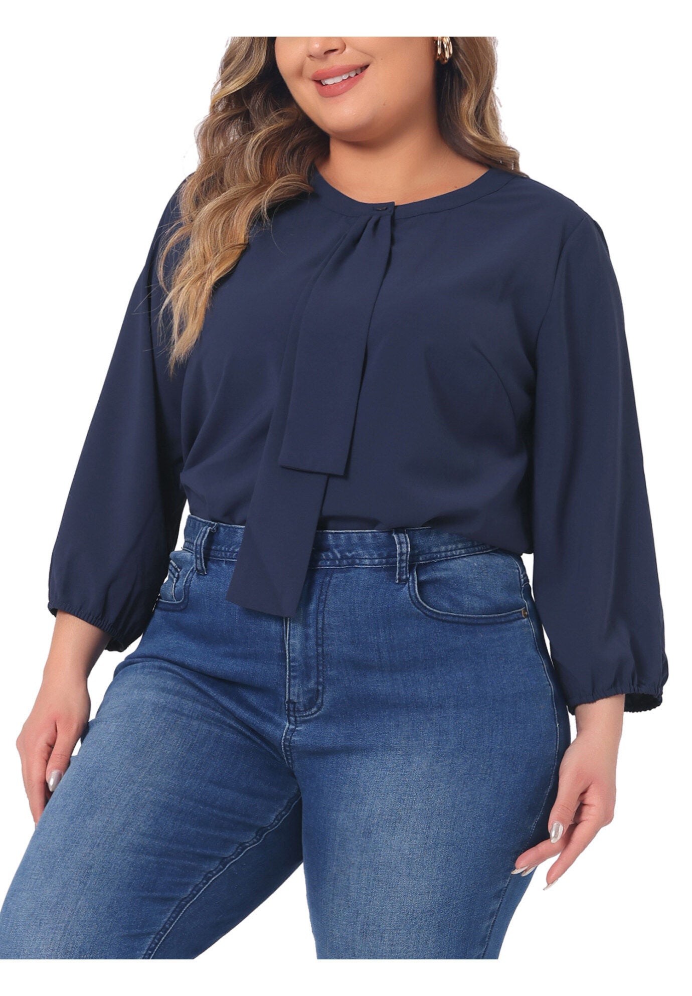 3/4 Sleeve Work Office Tie Front Ruffle Chiffon Blouse Top, Dark Blue / Navy, alternate image number 1