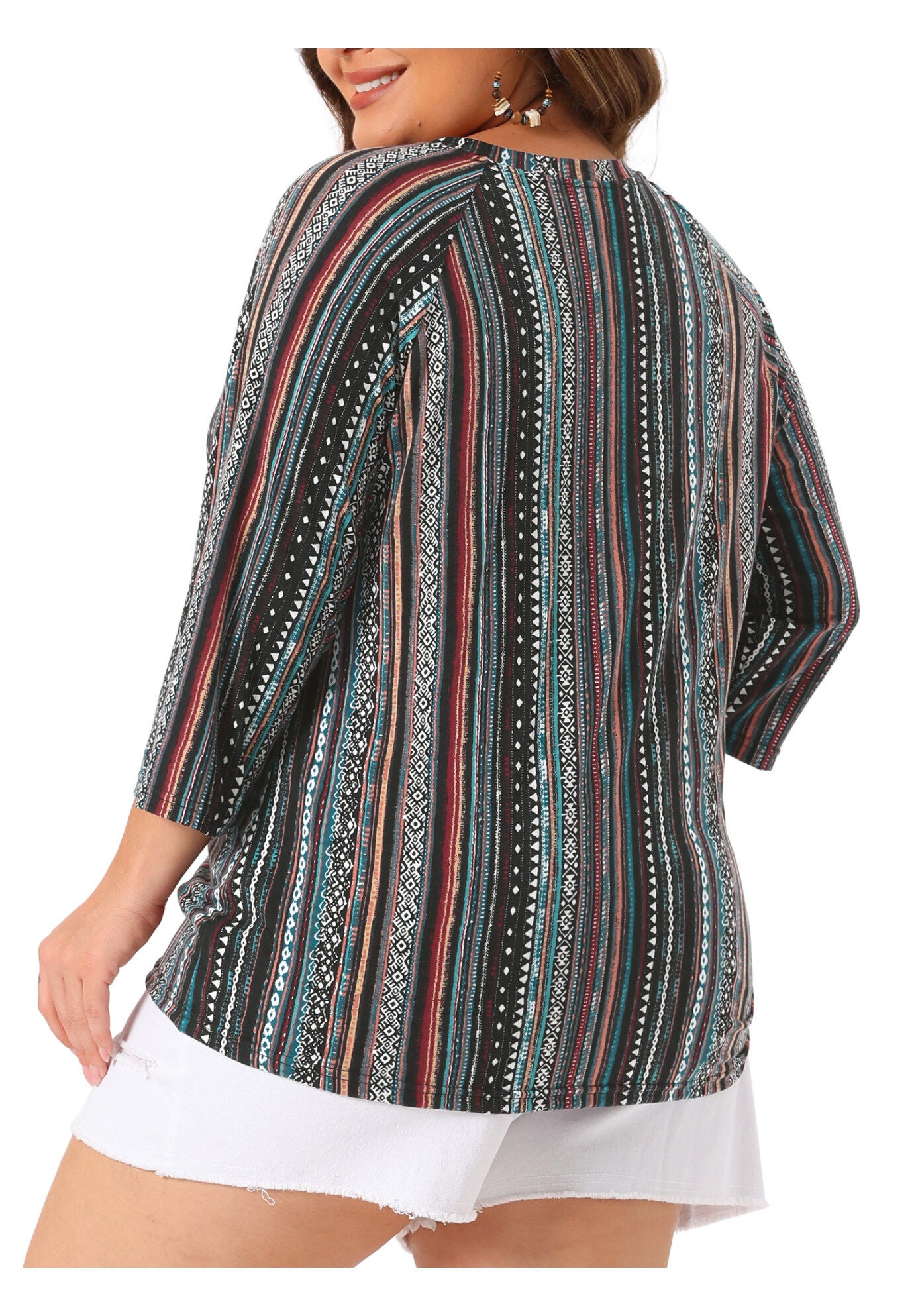 3/4 Sleeve Knit Blouse Tee Stripe Boho Top, Green / Quetzal Green, alternate image number 3