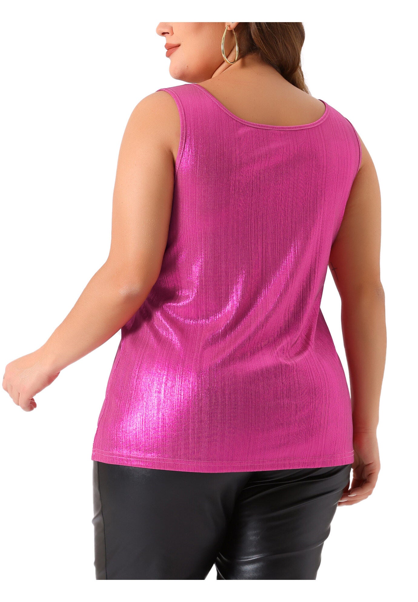 Crew Neck Sleeveless Holographic Shiny Metallic Tank Top, Hot Pink / Deep Fuchsia, alternate image number 3
