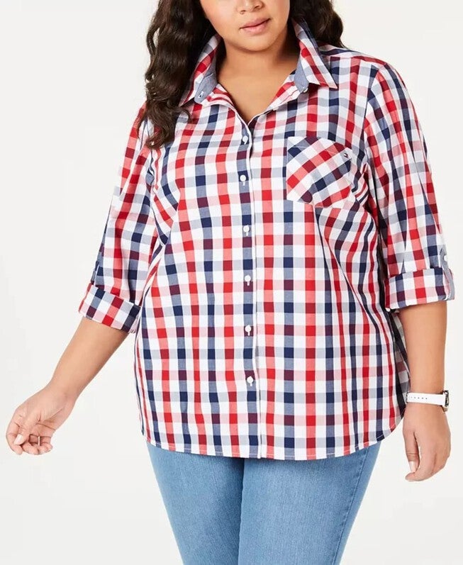 Tommy Hilfiger Women's Plus Size Galleon Gingham Button-Up Shirt Red Size 0X, Red / Red, hi-res image number 0