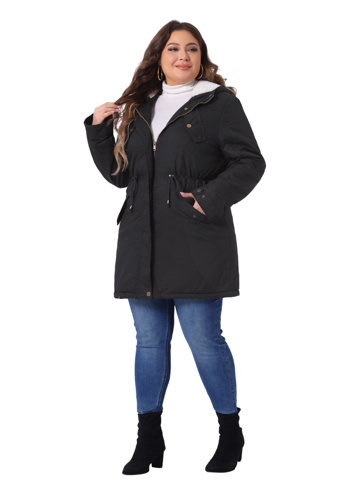 HOODED PARKAS JACKET FAUX FUR LINED LONG ANORAK COAT, Black / Black, hi-res image number 0