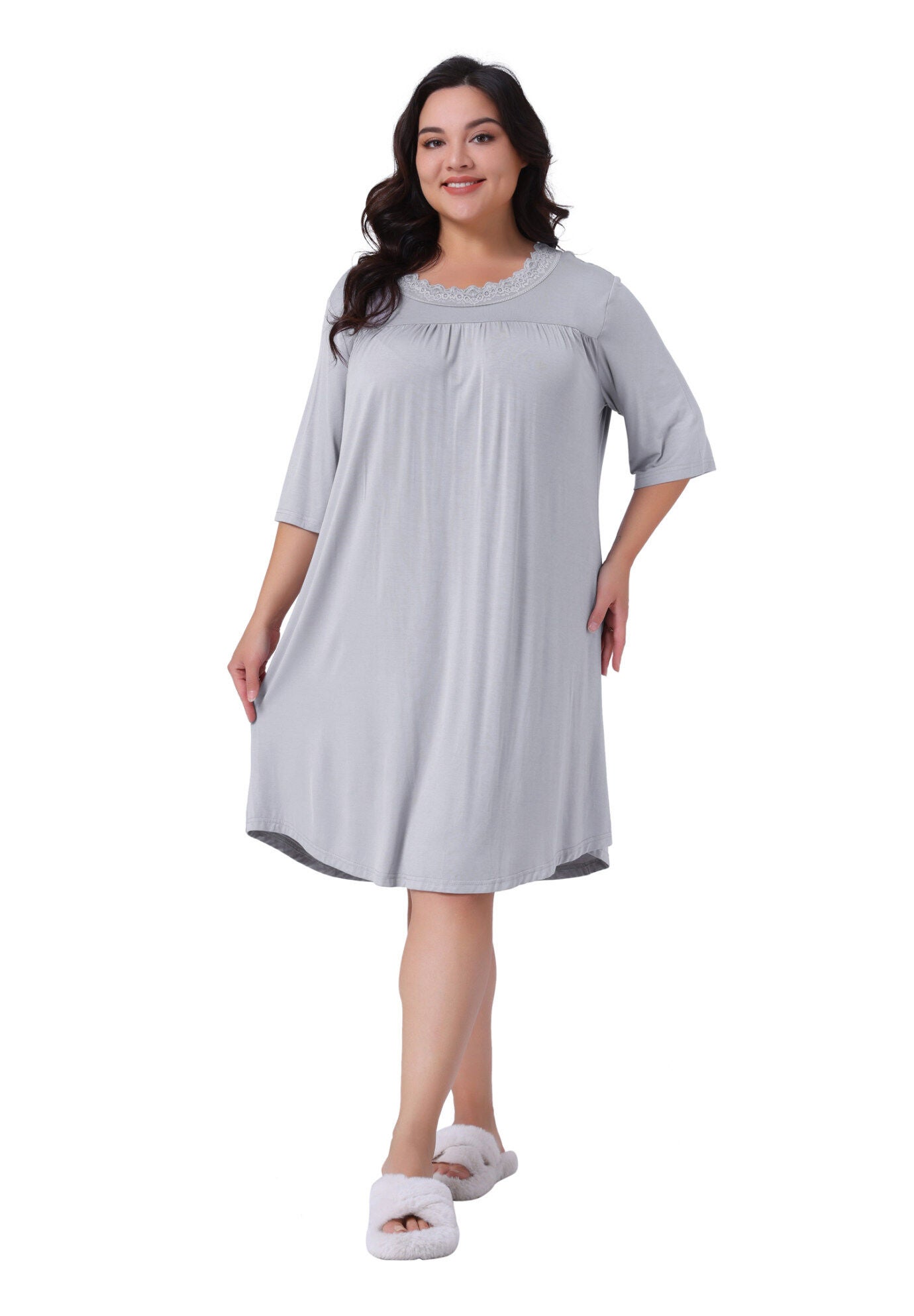 3/4 Sleeve Lace Pleated V Neck Sleepwear, Light Gray / Light Grey, hi-res image number 0