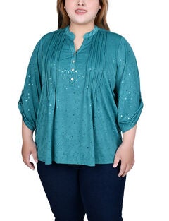 3/4 Sleeve Roll Tab Y Neck Top