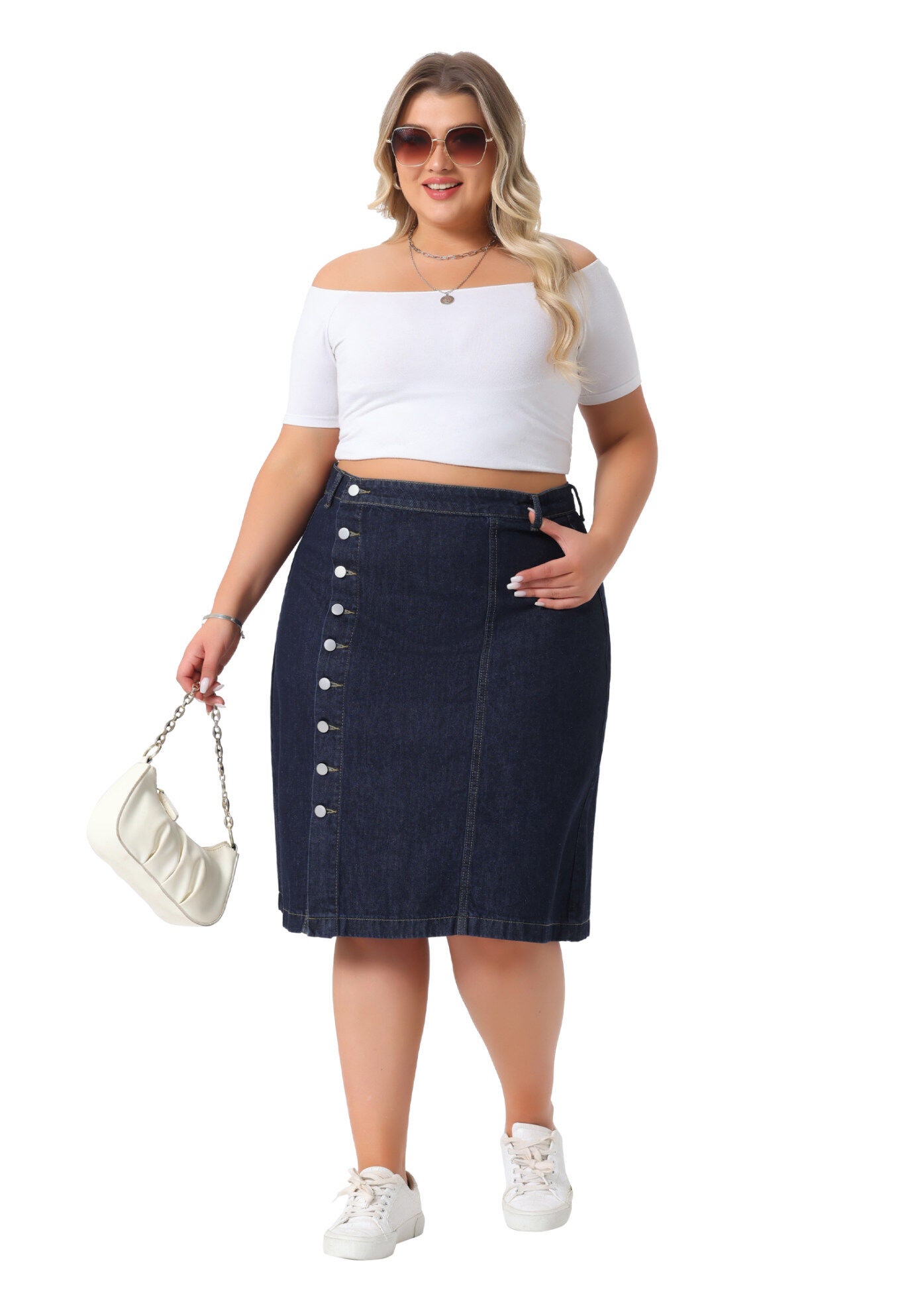 Denim Button Front High Waist A Line Midi Jean Skirt, Dark Blue / Navy, hi-res image number 0