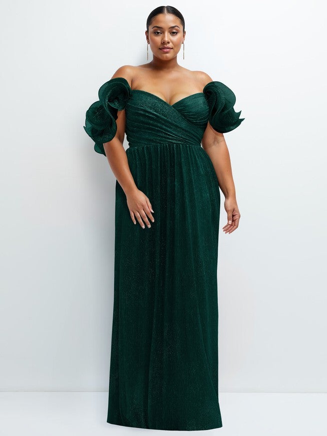 Dramatic Ruffle Edge Convertible Strap Metallic Pleated Maxi Dress, Metallic Evergreen / Hunter Green, hi-res image number null