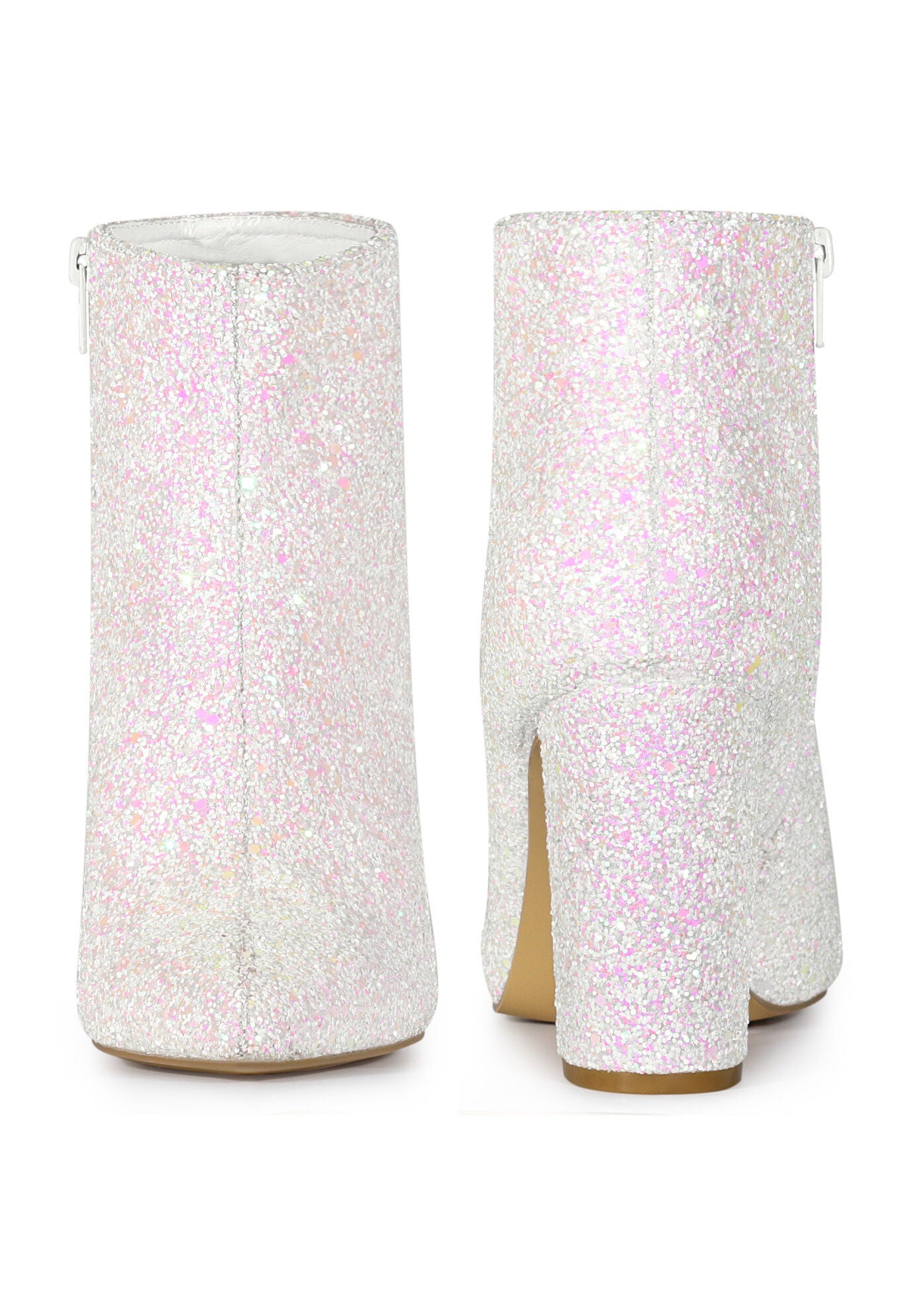 Glitter Pointed Toe Chunky Heels Sparkly Booties, White / White, alternate image number 1