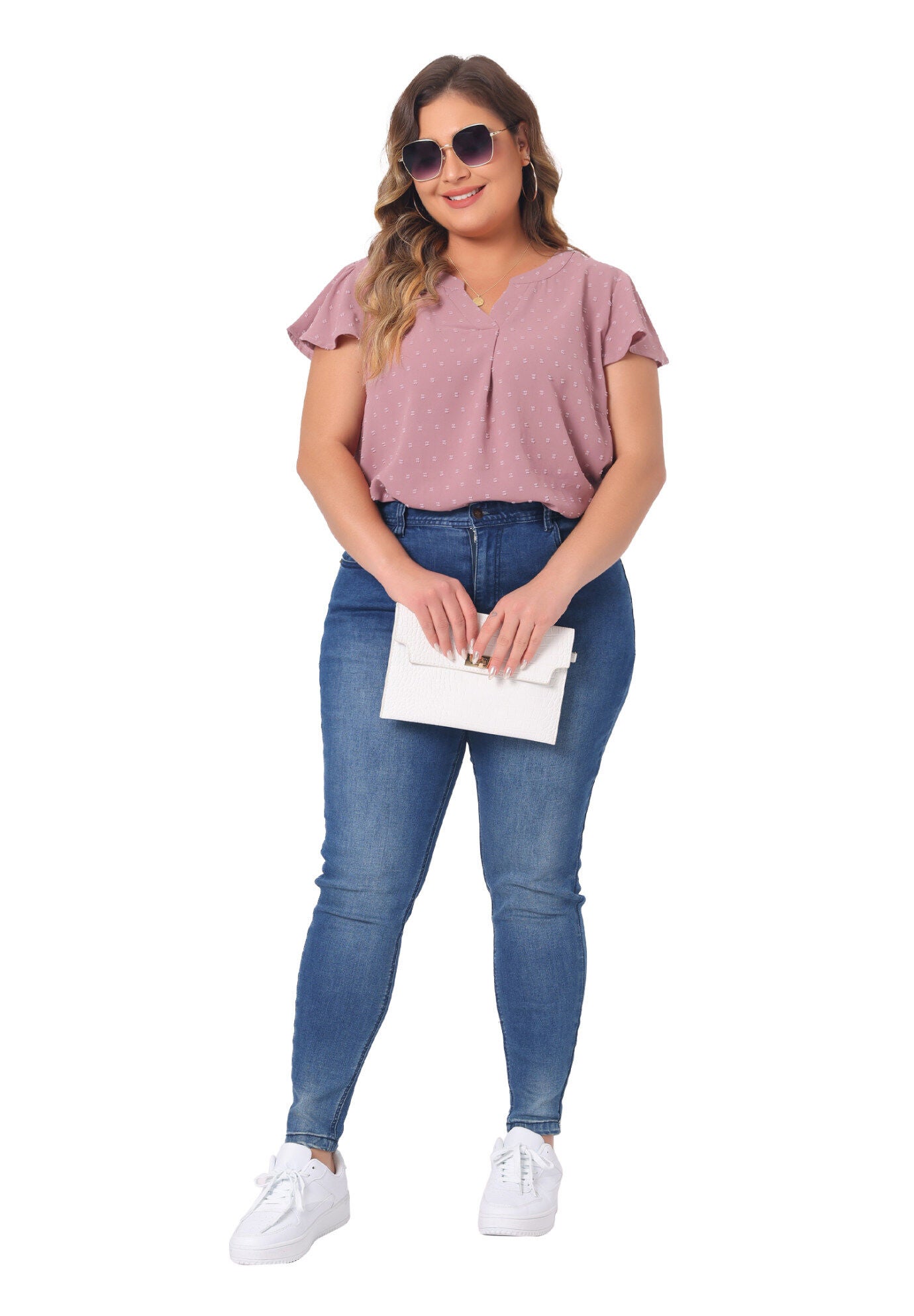 Swiss Dots Notched Neck Ruffle Sleeve Blouse, Gray Purple / Mauve, hi-res image number 0