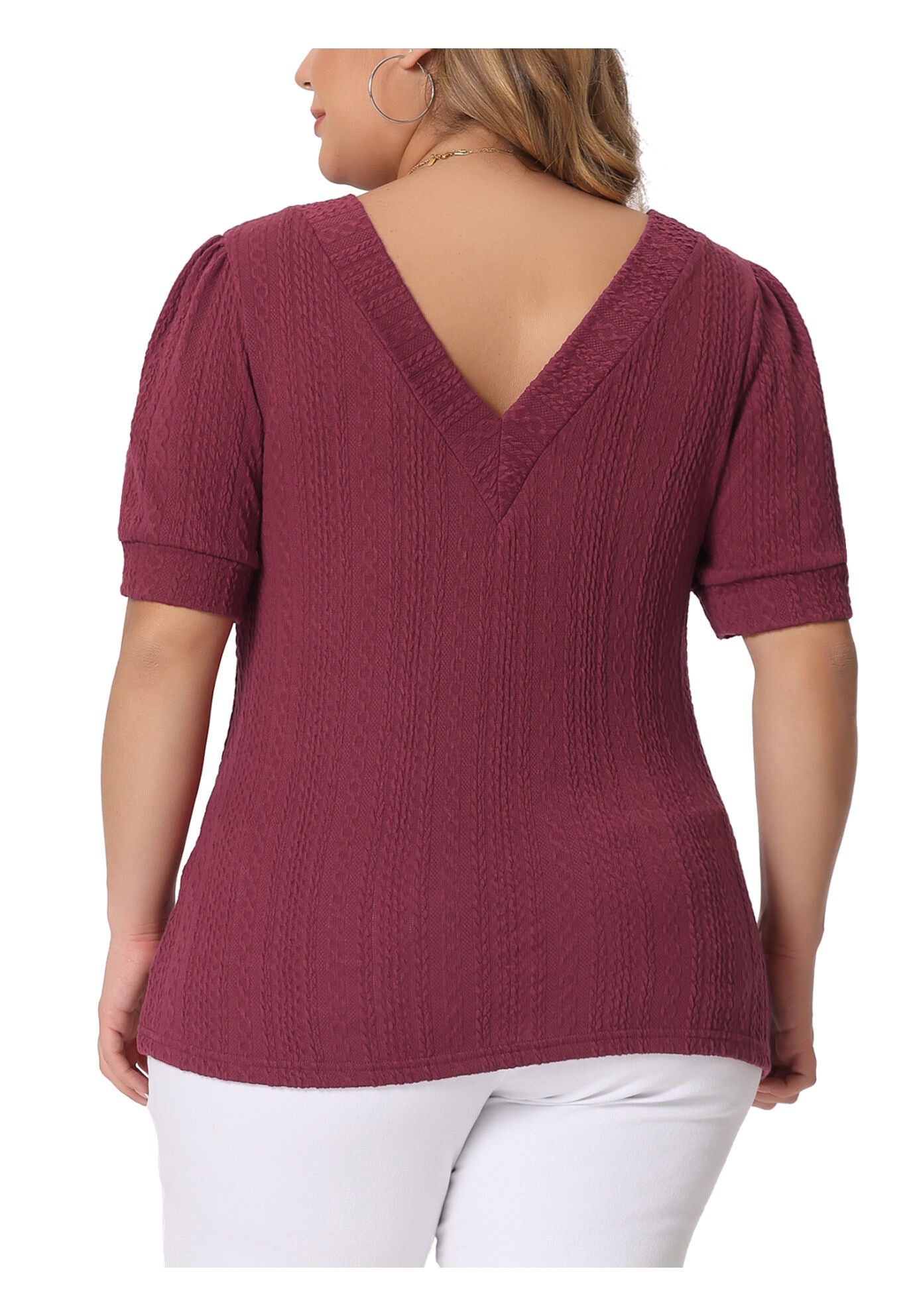 DEEP V NECK SHORT SLEEVE T-SHIRT CASUAL TOP, Burgundy / Red, alternate image number 3