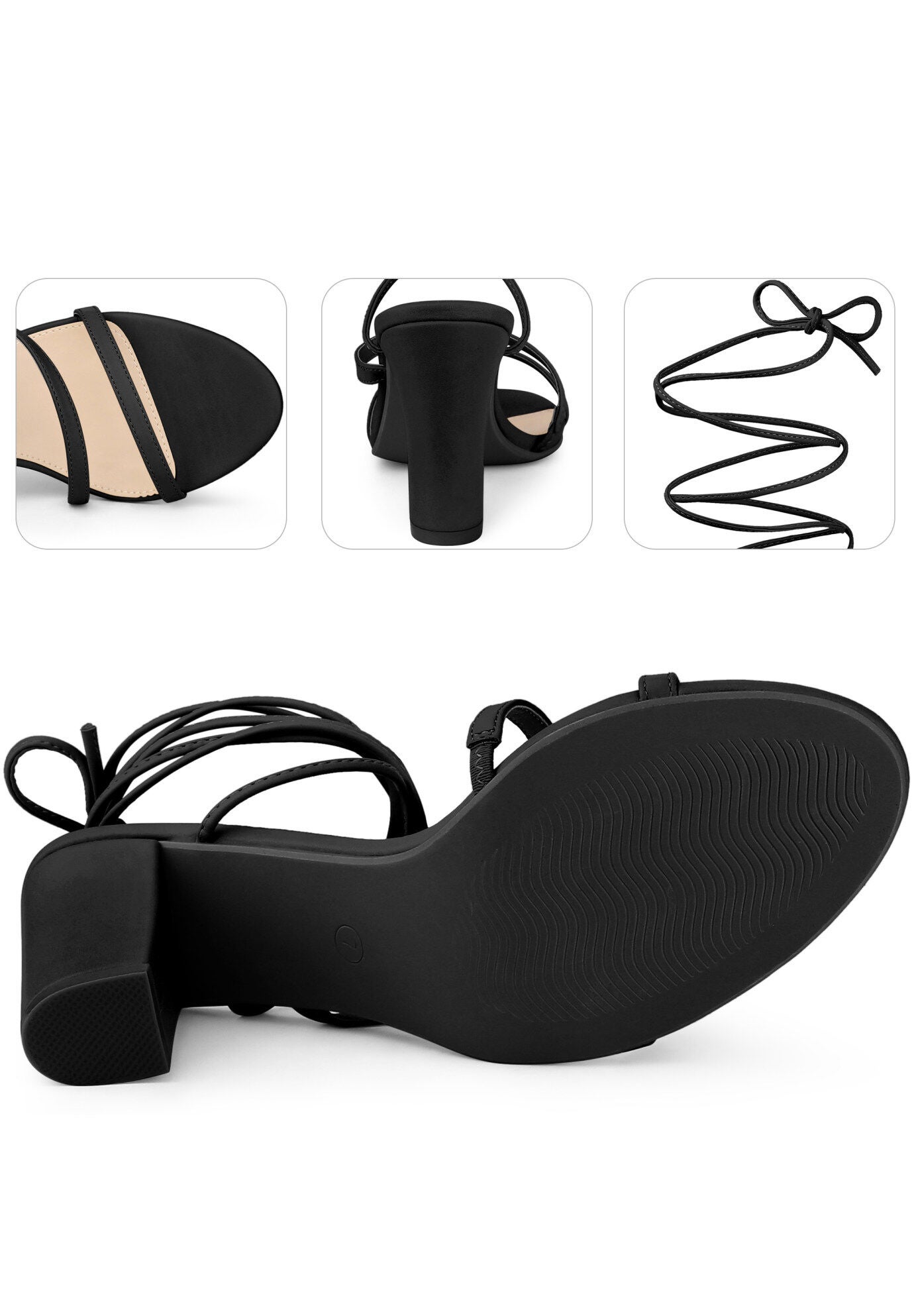 Lace Up Block Heel Strappy Heels Sandals, Black / Black, alternate image number 1