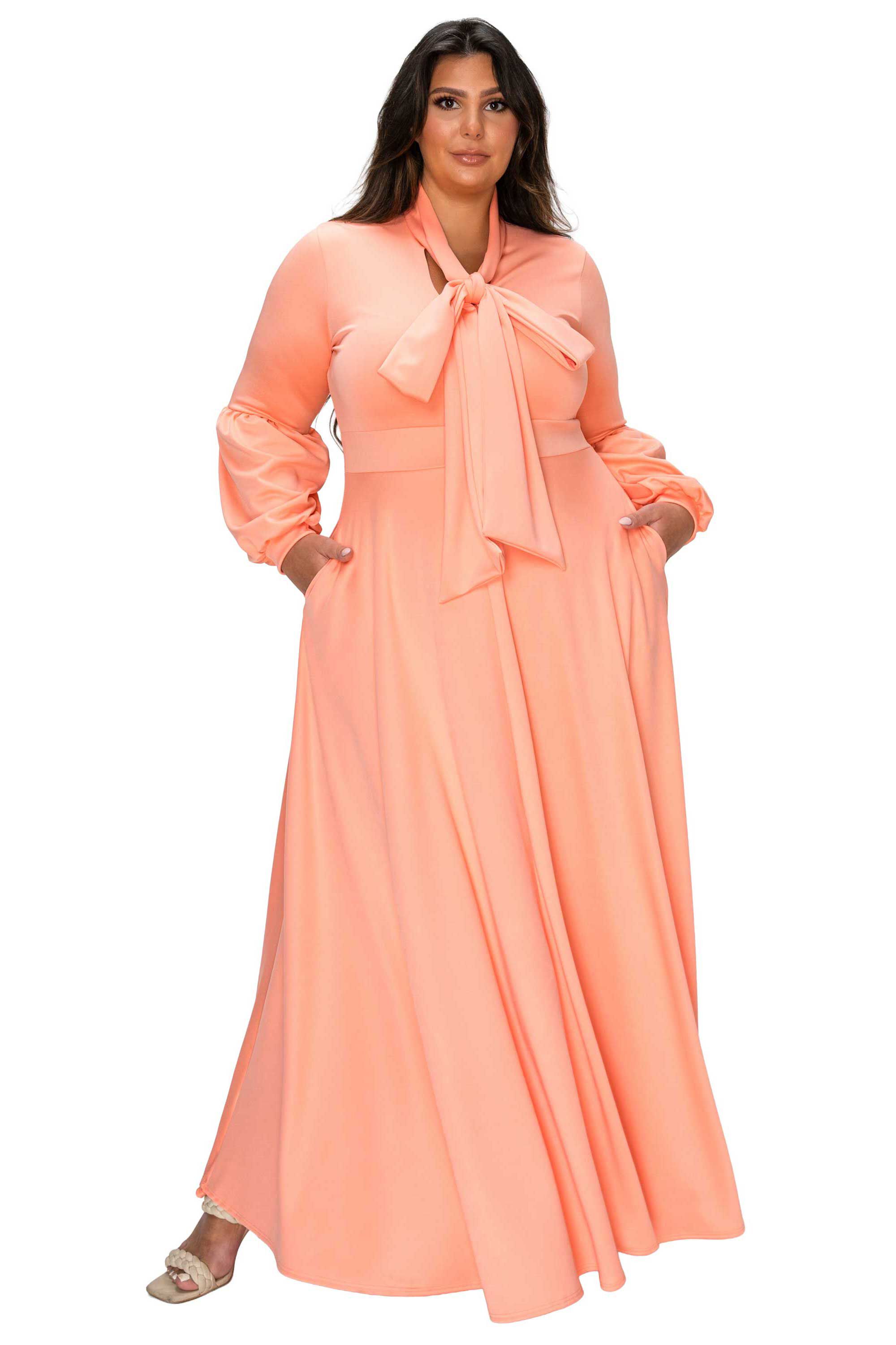 Bella Donna Dress with Ribbon and Bishop Sleeves, Peach / Peach, hi-res image number 0