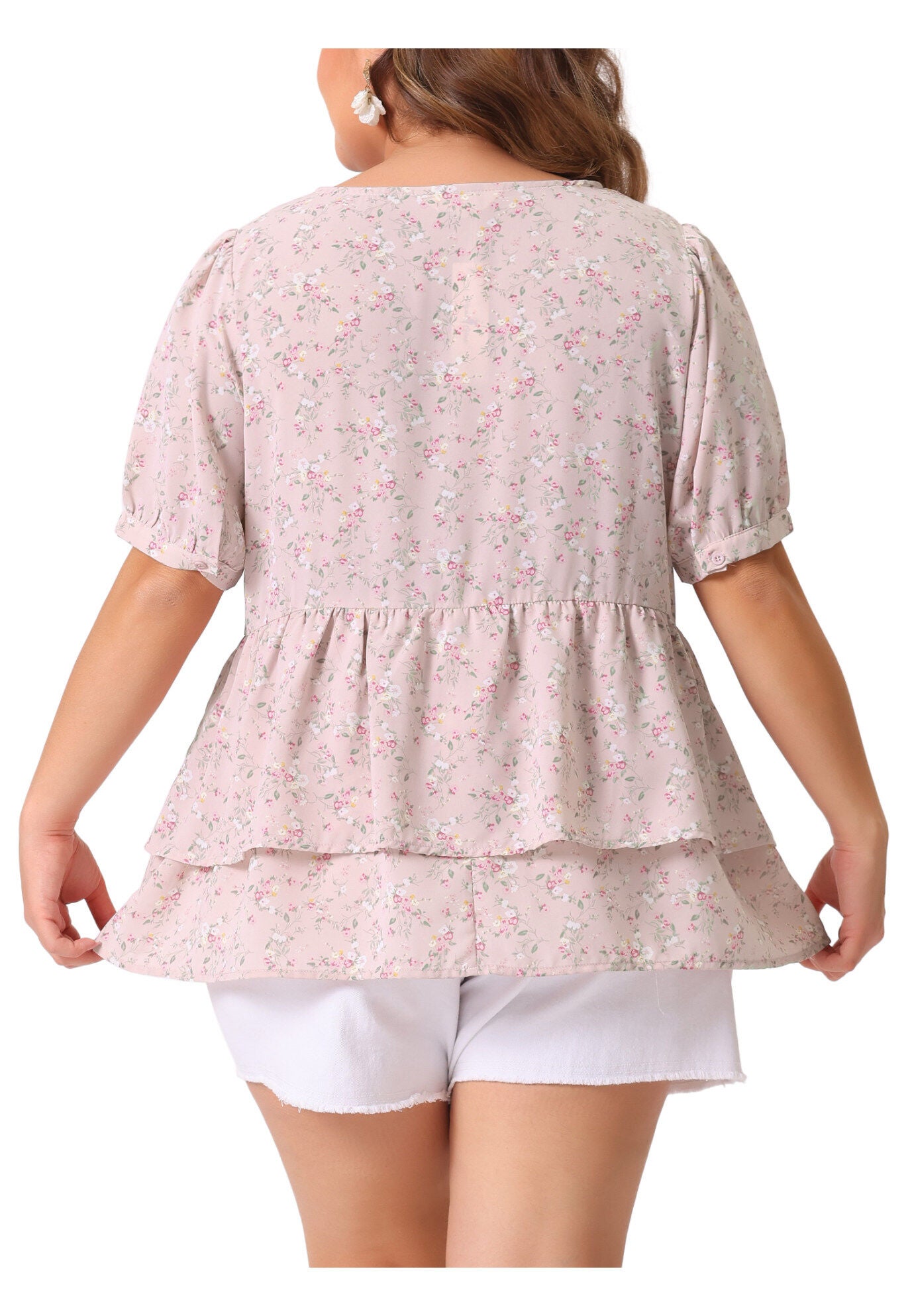 V Neck Short Sleeve Layered Peplum Top Summer Floral Blouse, Pink / Pink, alternate image number 3