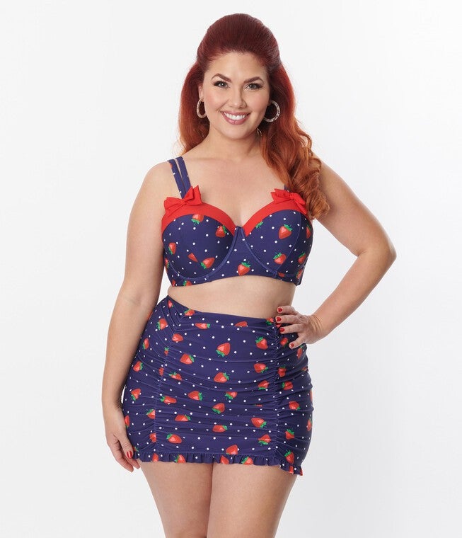 Unique Vintage Navy Strawberry Pin Dot Ruffled Swim Skirt, Blue Red Polka Dot / Navy, alternate image number null