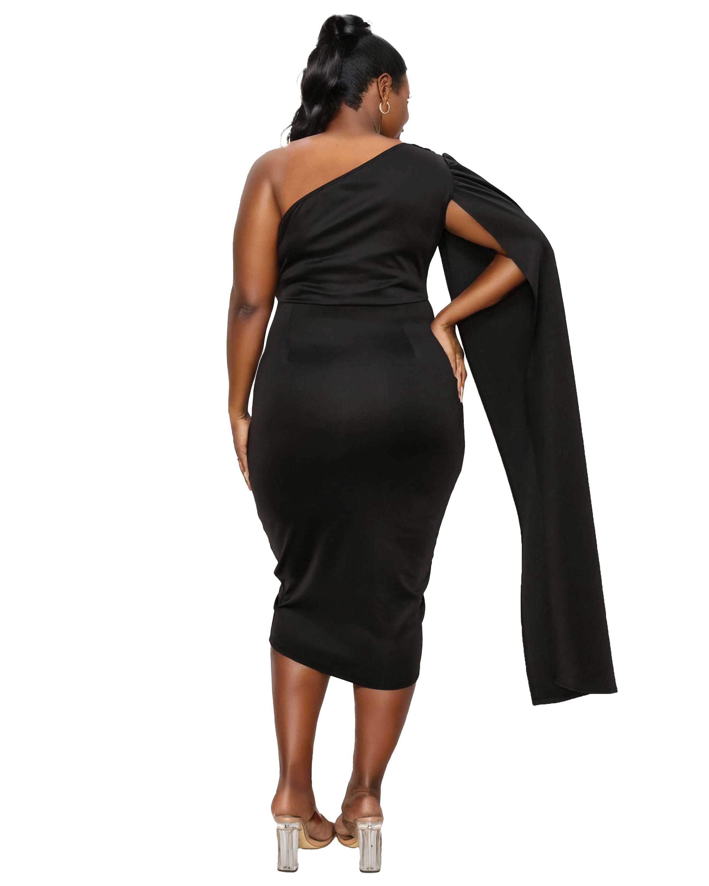 SPADE ONE SHOULDER CAPE DRESS, Black / Black, alternate image number 2