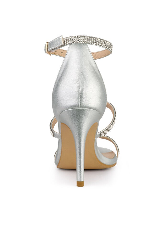 Rhinestone Ankle Strap Stiletto High Heel Sandals, Silver / Silver, alternate image number null