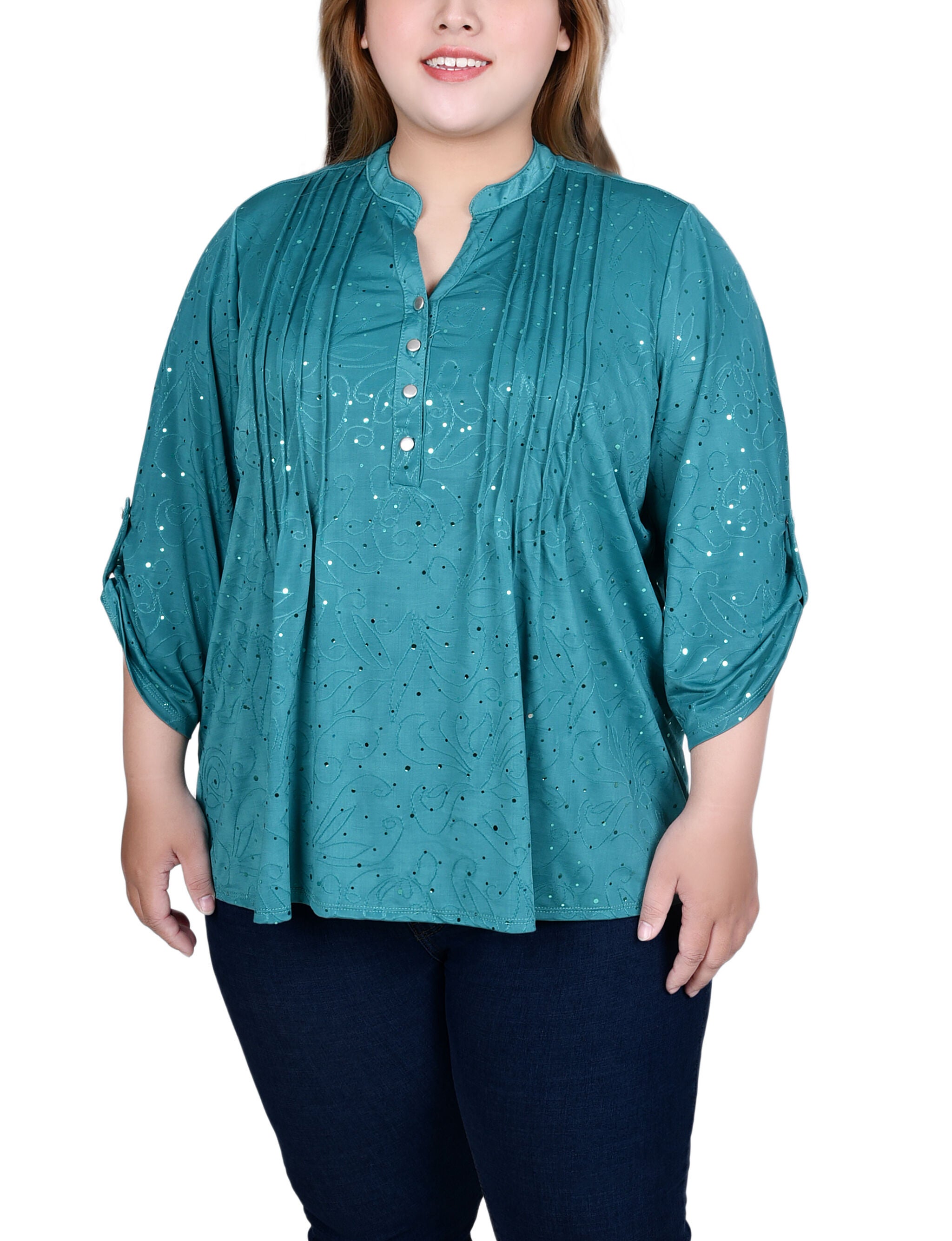 3/4 Sleeve Roll Tab Y Neck Top, Emerald, hi-res image number 0