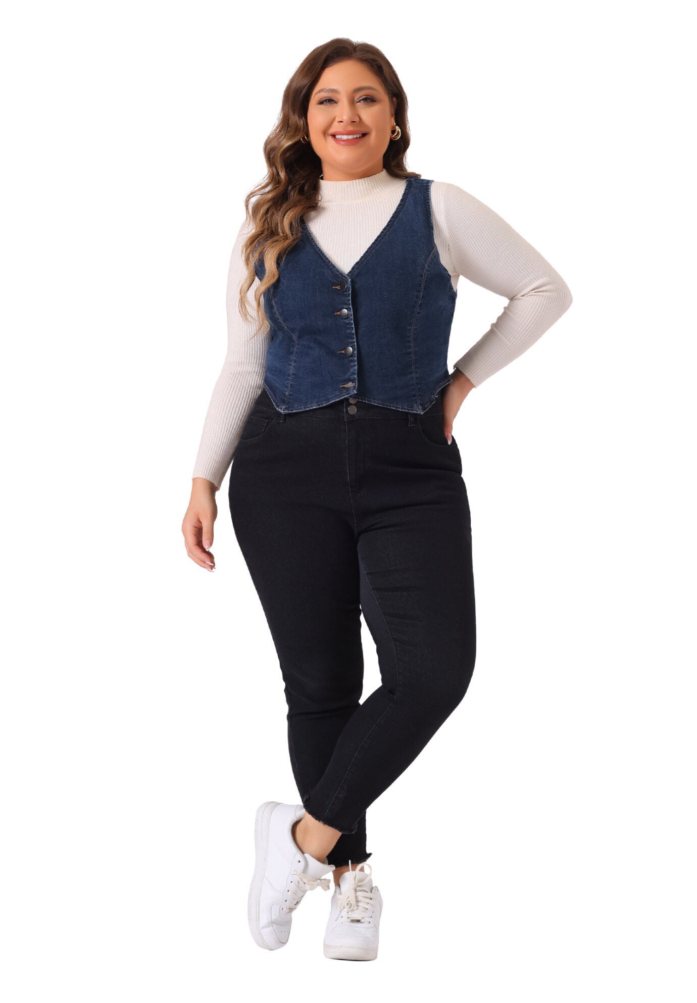 V NECK BUTTON DOWN DENIM VEST, Dark Blue / Navy, hi-res image number 0