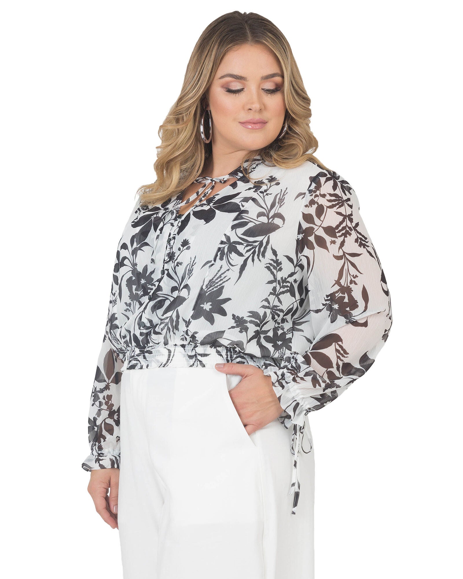 Plus Size Jessica Chiffon Tie-Neck Long Sleeve Prairie Top, Black  White Floral / White, alternate image number 2