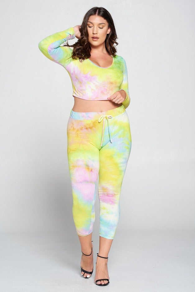 Crop Pullover Hoodie and Sweatpants Set, Yellow Tie Dye / Yellow, hi-res image number 0