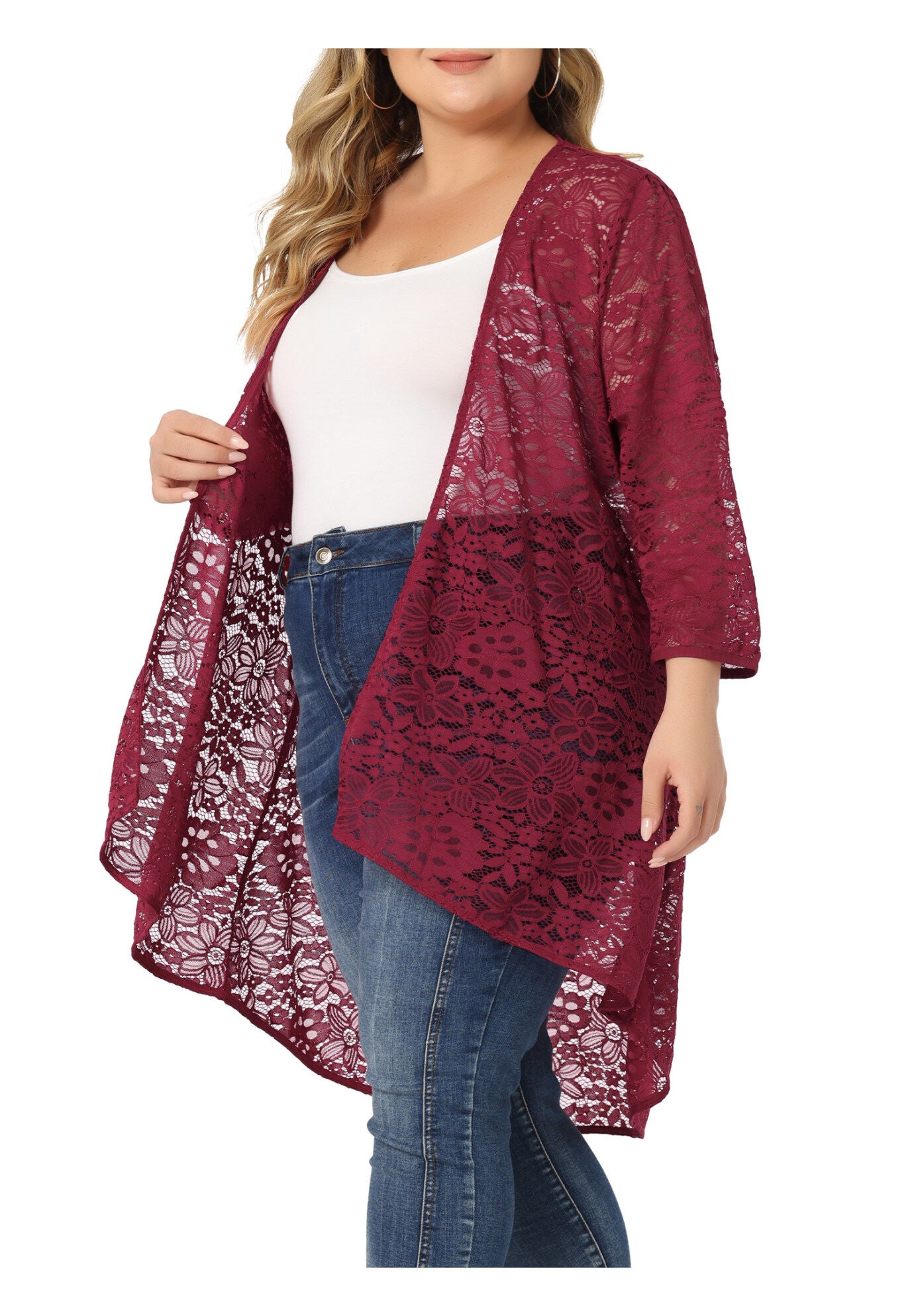 LIGHTWEIGHT 3/4 SLEEVE OPEN FRONT CROCHET LACE COVER UP, Burgundy / Red, hi-res image number 0