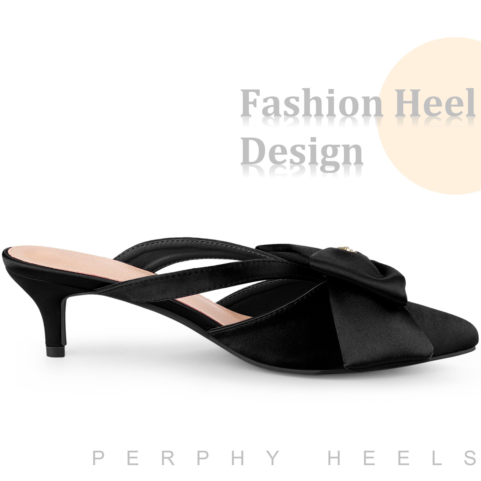 Bow Rhinestones Kitten Heels Satin Slide Mules, Black / Black, alternate image number 3