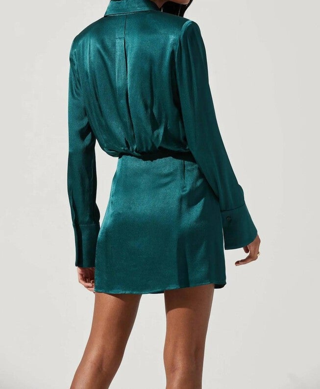 RUTH SATIN SHIRT MINI DRESS IN HUNTER GREEN, , alternate image number null