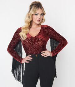 Smak Parlour Burgundy Floral Velvet Burnout Fringe Sleeved Bodysuit