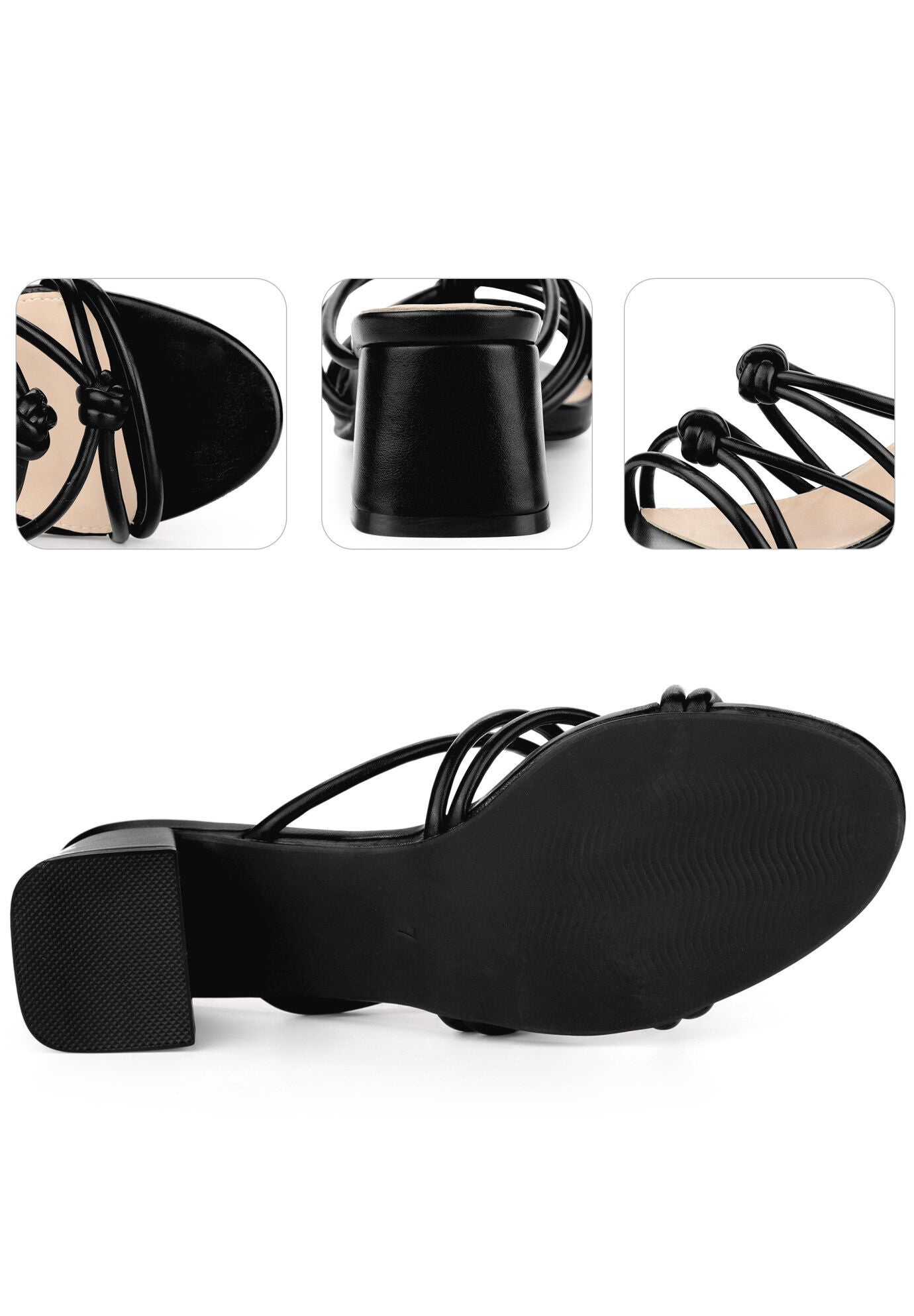 Strappy Knotted Block Heel Slide Sandals, Black / Black, alternate image number 2