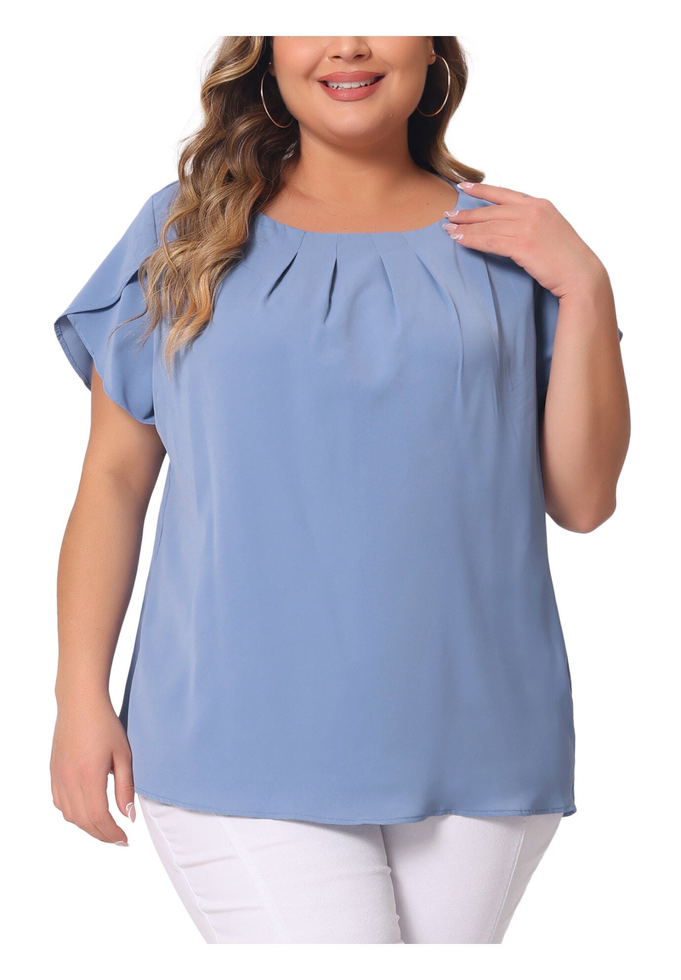 Round Neck Pleated Top Tulip Sleeves Blouse Top, Blue / Cornflower Blue, alternate image number 2