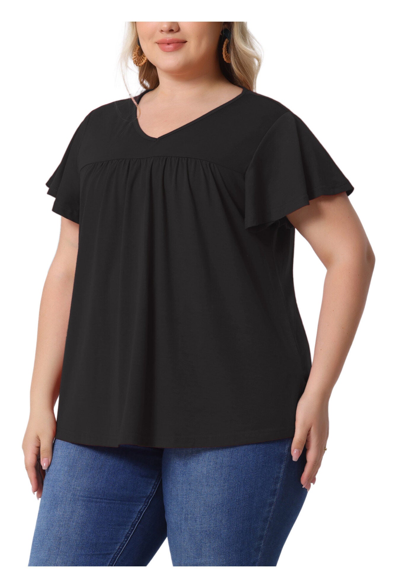 V Neck Ruffle Short Sleeve T-Shirt Tee Top, Black / Black, alternate image number 1