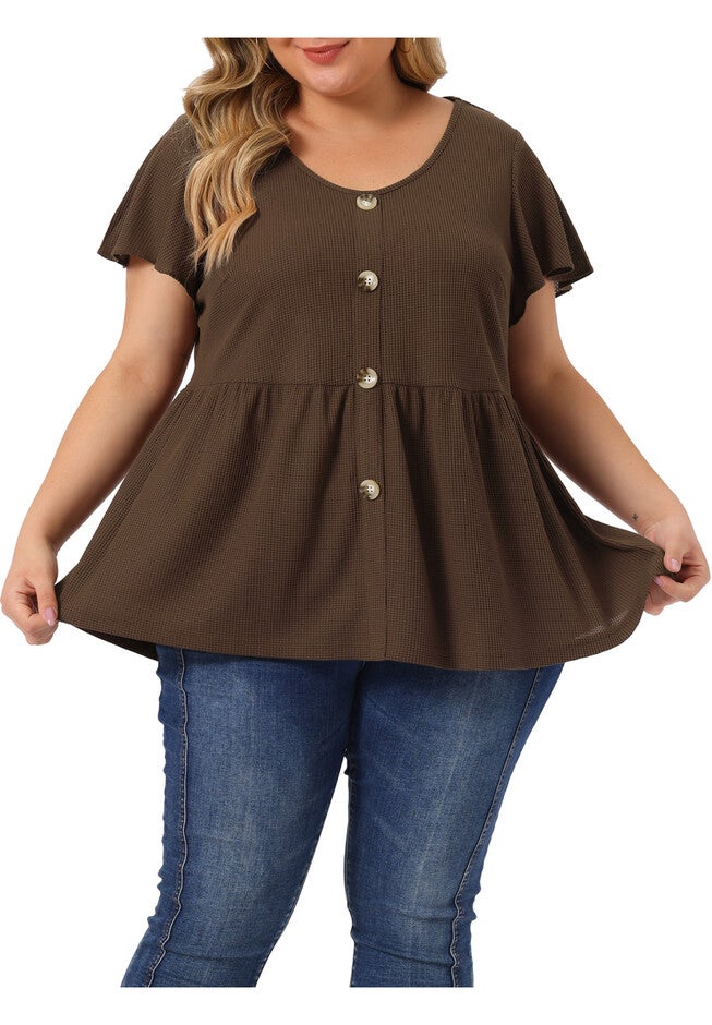 Button Front Shirt Peplum Top, Coffee / Brown, alternate image number 2