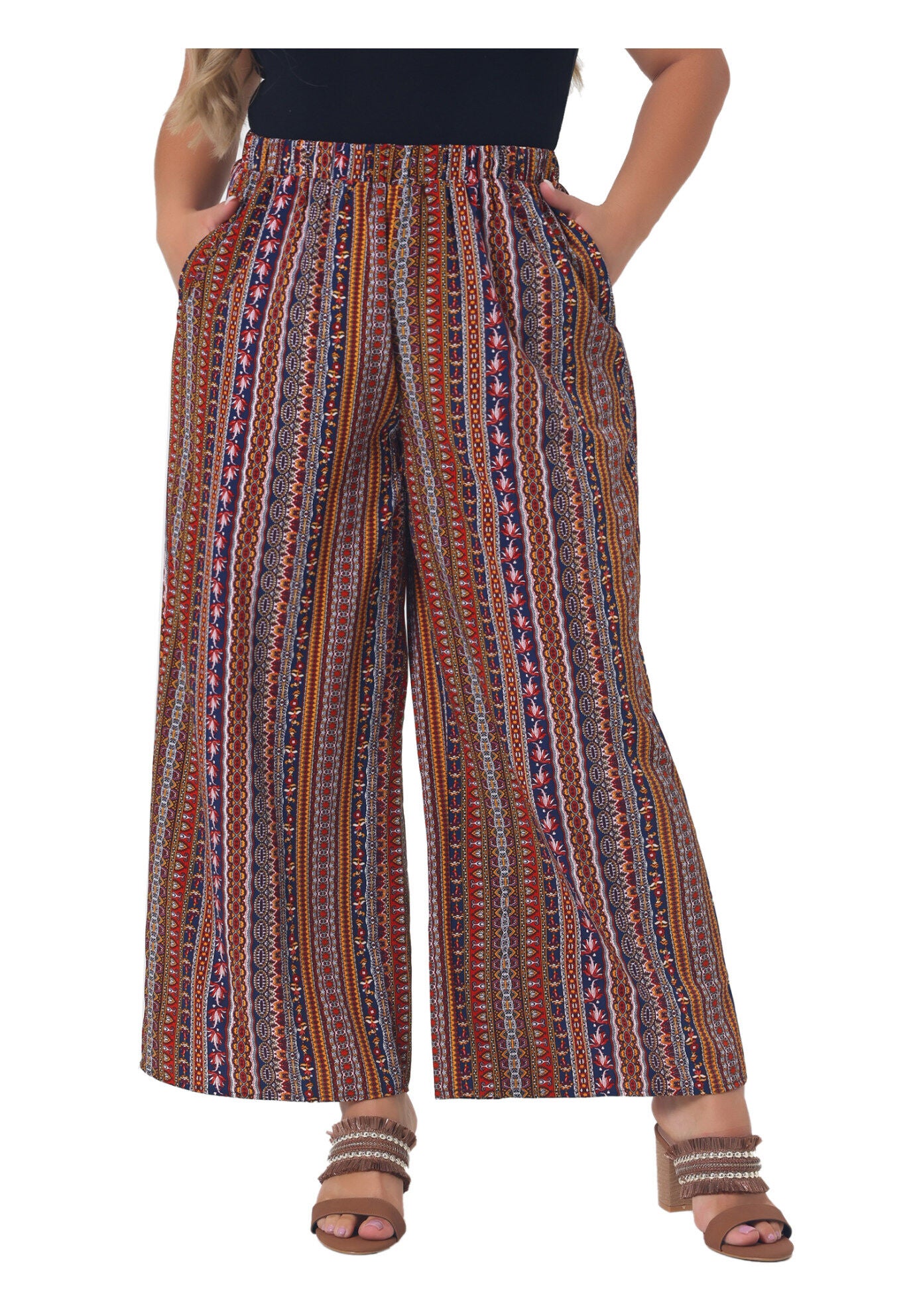 STRIPE BOHO WIDE LEG PAPER BAG PALAZZO PANTS, Red Brown / Red, alternate image number 2