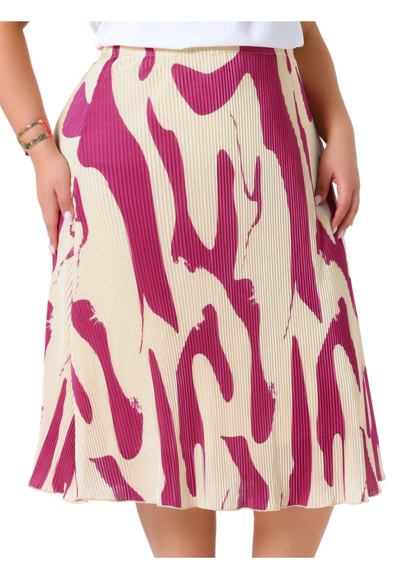 Print Pleated High Waisted A-Line Midi Skirt, Hot Pink / Pink, alternate image number 1