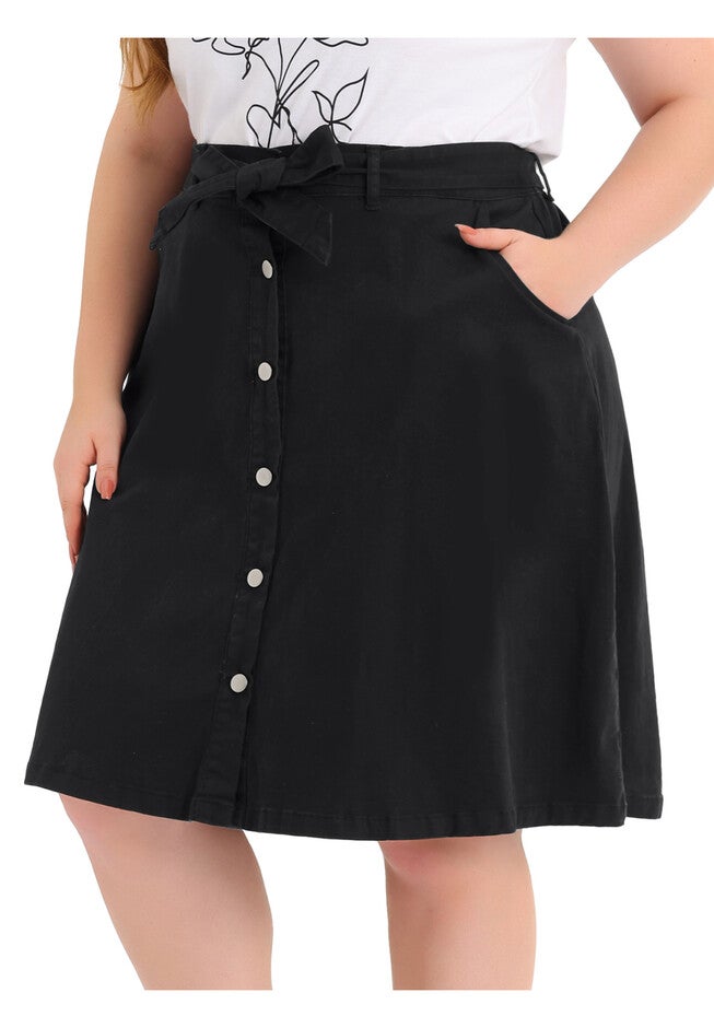 TIE WAIST A-LINE MIDI JEANS DENIM SKIRT, Black / Black, alternate image number 1