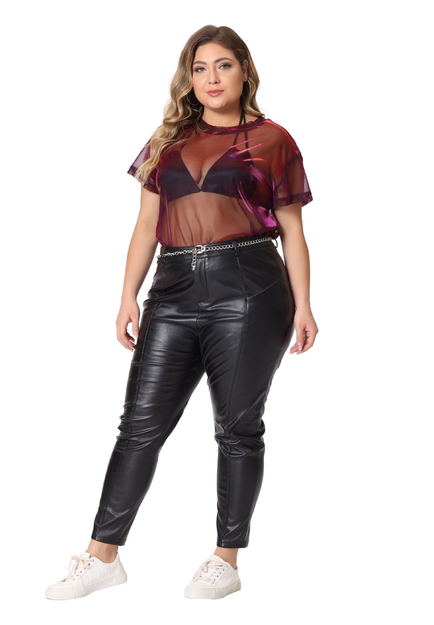 DROP SHOULDER SHEER MESH TOP, Black Red / Red, hi-res image number 0