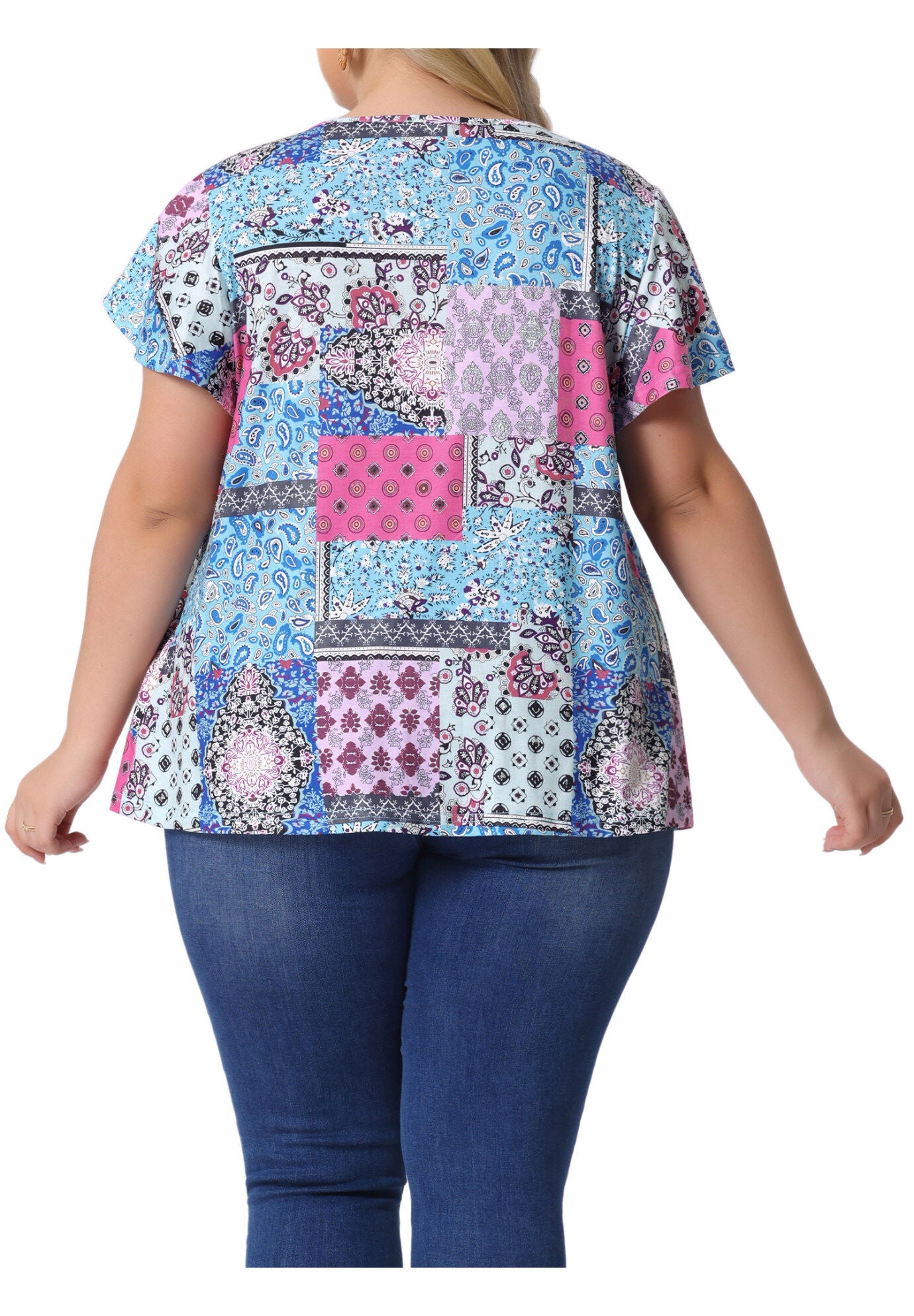 V Neck Ruffle Short Sleeve T-Shirt Tee Top, Blue Pink / Azure Blue, alternate image number 4