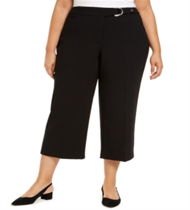Alfani Women's Belted Hardware Detail Culotte Pants Deep Black 22W, Black / Black, hi-res image number null