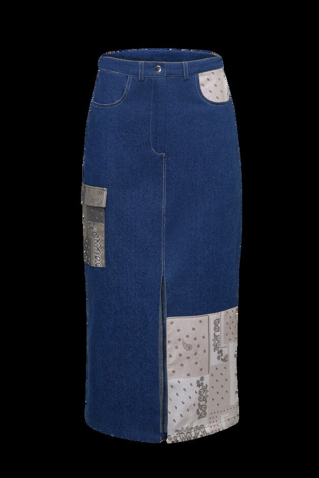 Patchwork Denim Midi Skirt, Navy / Dark Wash, hi-res image number 0