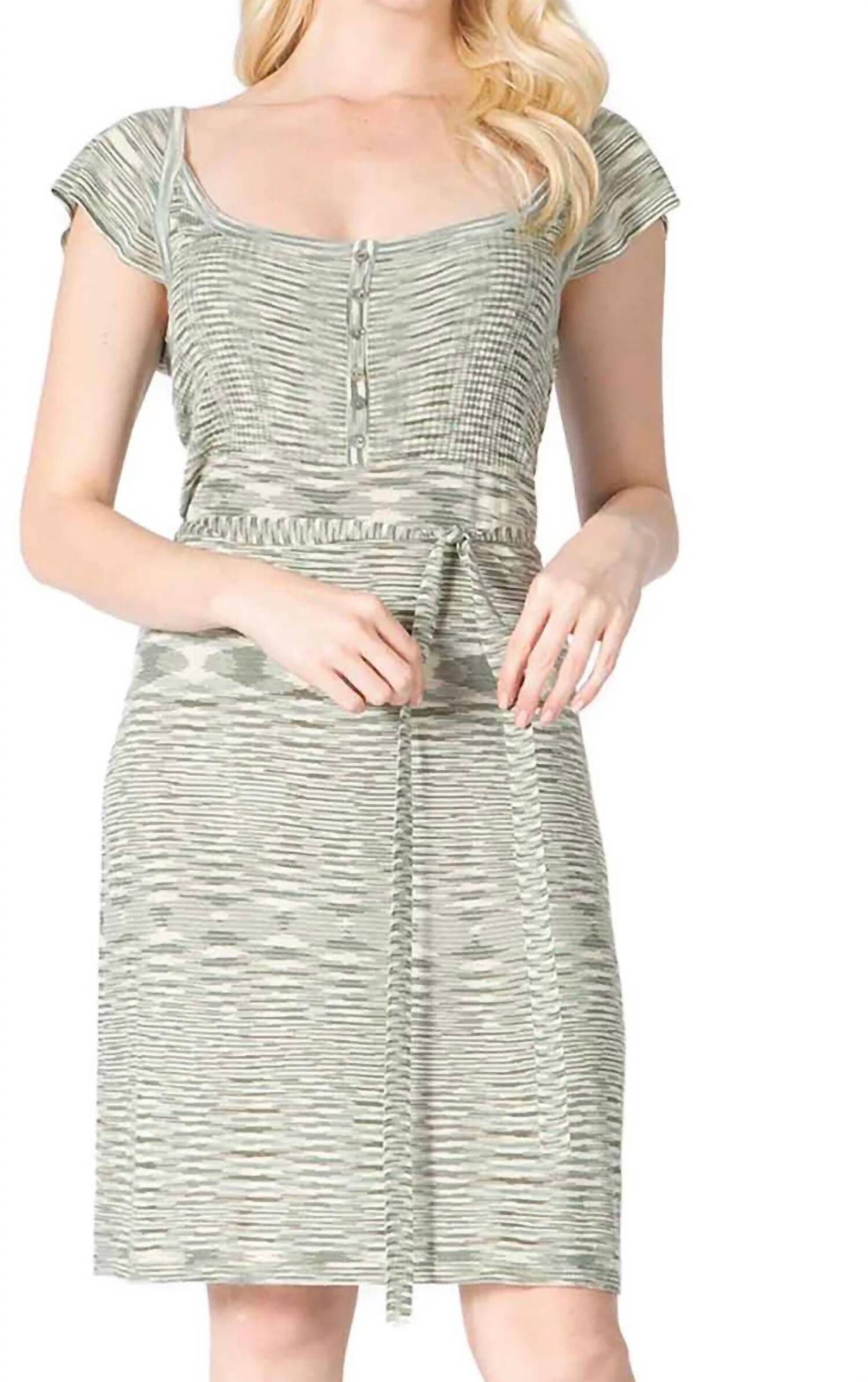 PRINTED SCOOP NECK HENLEY DRESS IN GREEN, Green / Light Green, hi-res image number 0