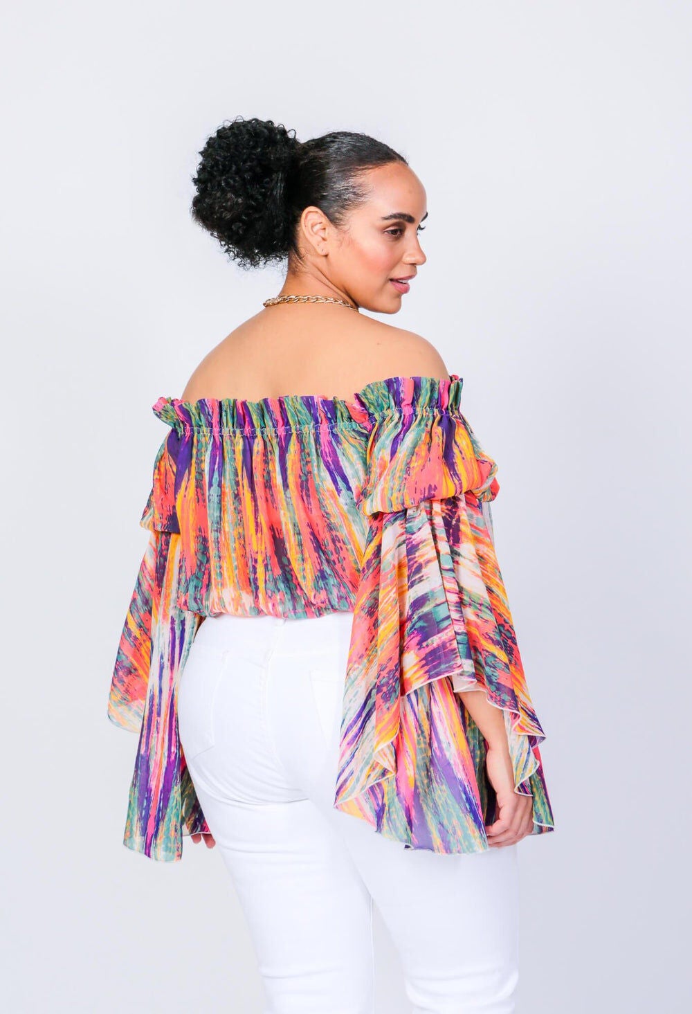 Brittney Off The Shoulder Bell Sleeve Top, Bright Stripe / Pink, alternate image number 1