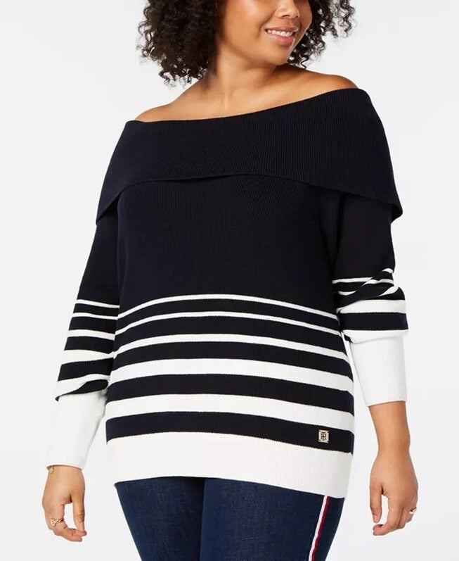 Tommy Hilfiger Women's Plus Striped Off-The-Shoulder Cotton Sweater Black/White Size 3X, Black / Black, hi-res image number null