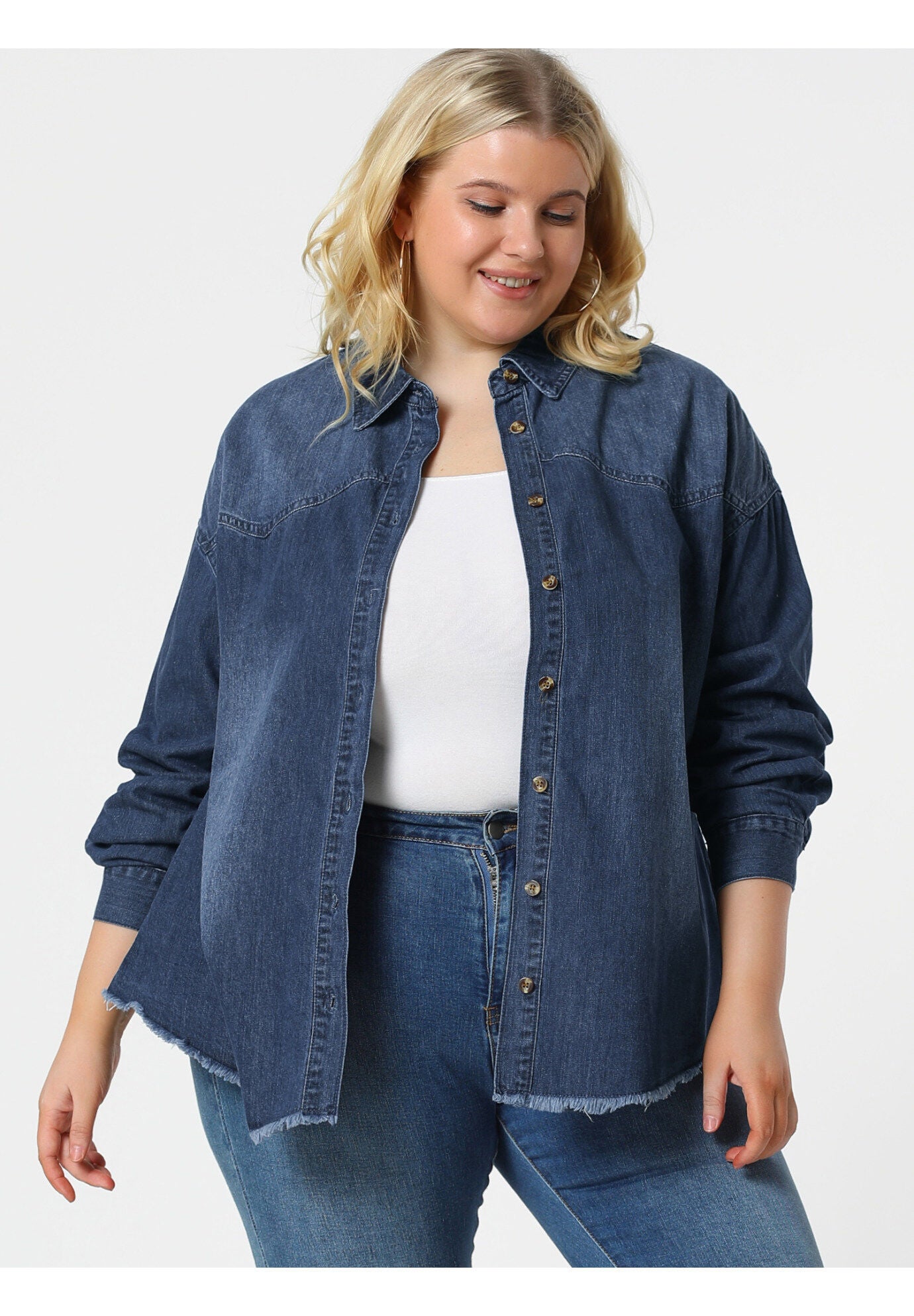 Button Down Shirt Cotton Denim Jacket, Dark Blue / Navy, hi-res image number 0