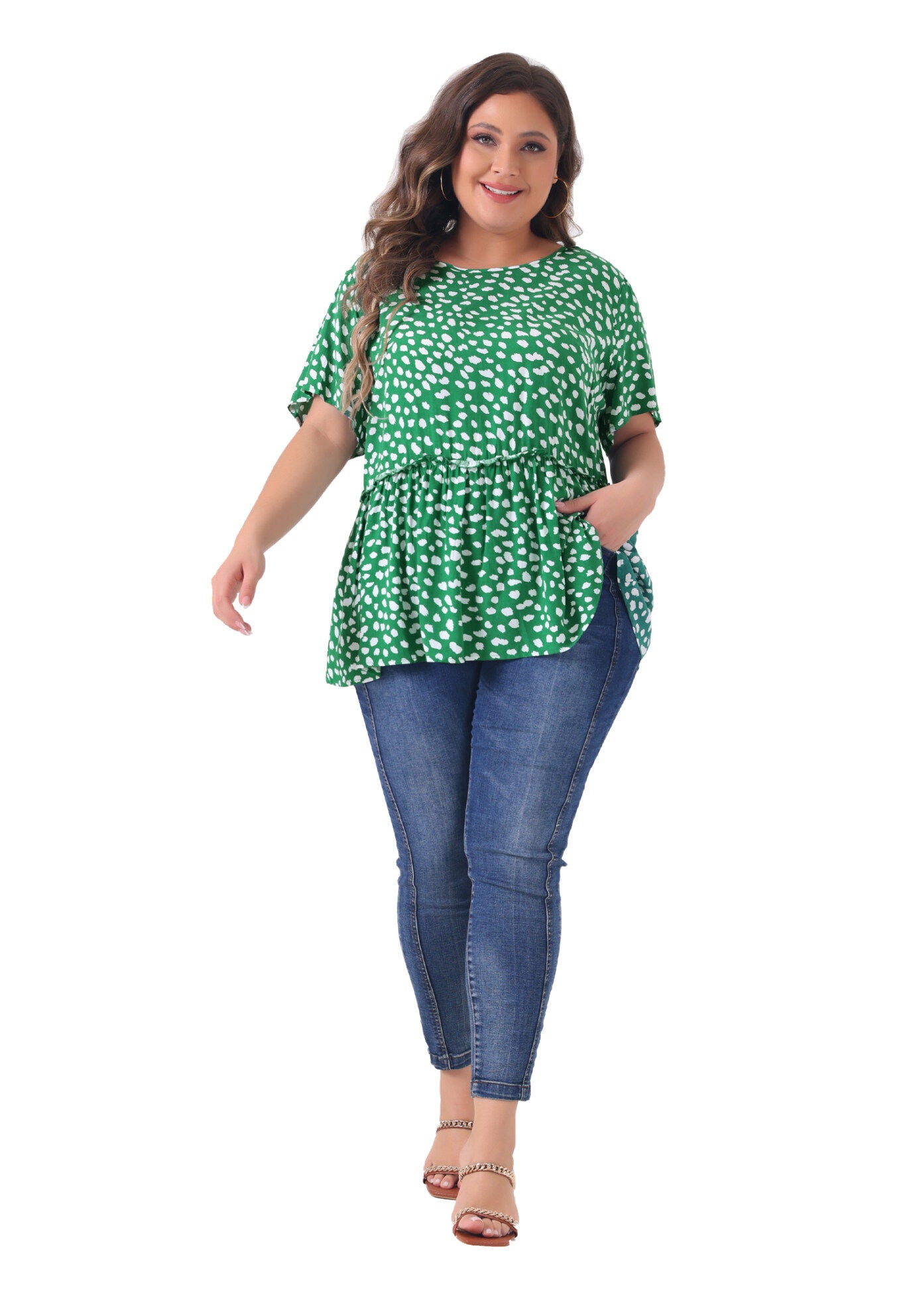 Polka Dots Crew Neck Short Sleeve Peplum Top, Dark Green / Hunter Green, hi-res image number 0