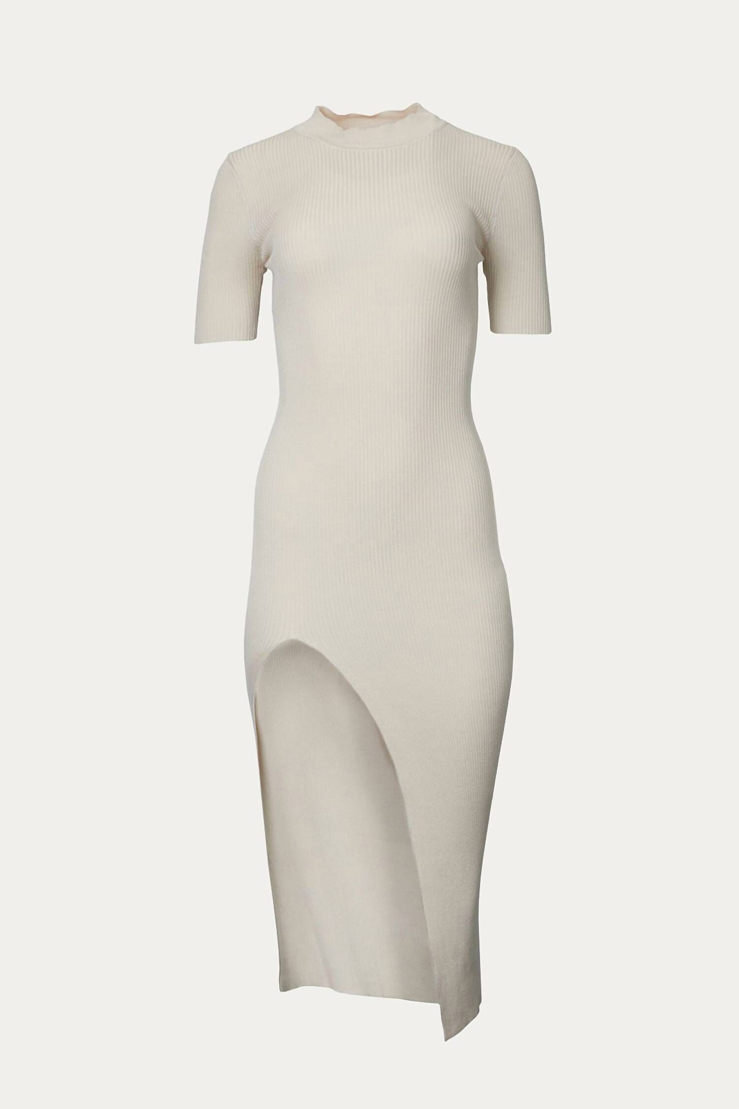 RIBBED MIDI DRESS WITH FRONT SLIT IN ALMOND, Almond / Beige, hi-res image number 0