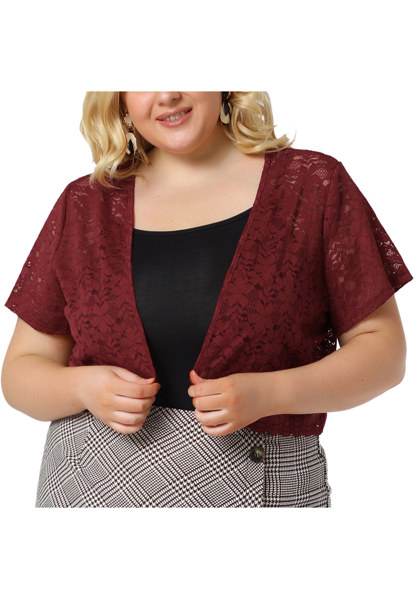 OPEN FRONT SHORT SLEEVE CROCHET LACE CROPPED BOLERO SHRUG CARDIGAN, Burgundy / Red, alternate image number 4